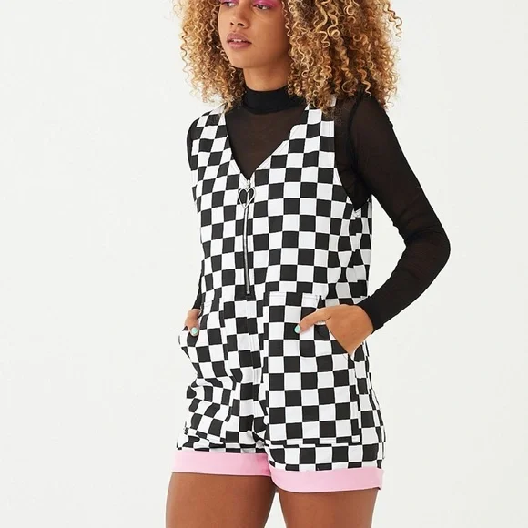 New Lazy Oaf Black & White Checkered Romper - Picture 2 of 7